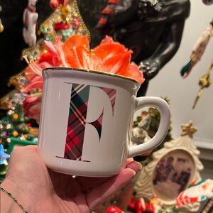 POTTERY BARN STEWART PLAID Initial F Mug with Gold Rim